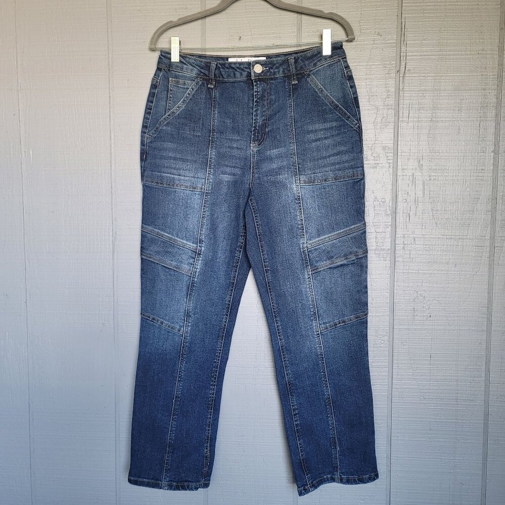 Indigo Rein Juniors' High-Rise Seamed Straight-Leg Cargo Style Jeans. Size 11
